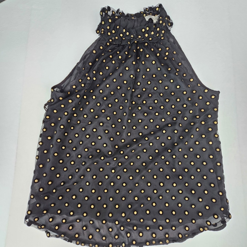 Loft Womens Black Gold Polka Dot Halter Neck Ruffle Blouse Size M Mesh Overlay
